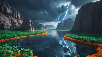 River Landscape with Stormy Clouds and Lightning Reflection on Water photo