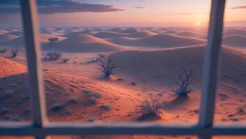 Viewing Desert Sand Dunes Through a Window at Sunset Horizon photo