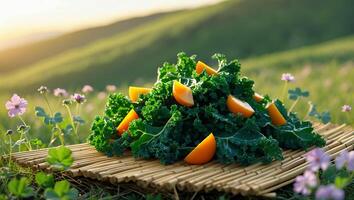 Fresh Kale and Orange Slices on Bamboo Mat in Nature photo