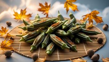 Okra Pile on Woven Mat with Fall Leaves and Acorns photo