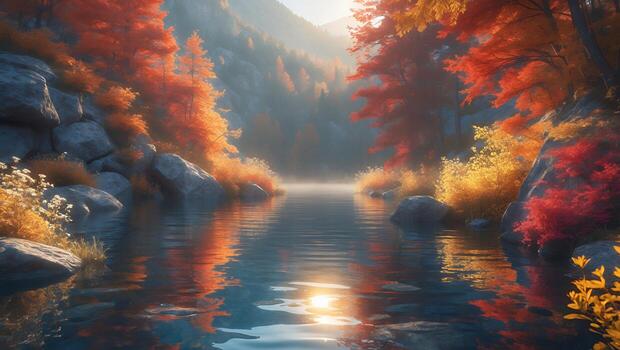 Reflecting Lake Surrounded by Autumn Trees in a Mountain Valley photo