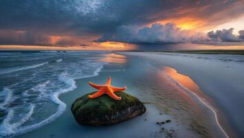Starfish Resting on Rock at Beach with Dramatic Sky at Sunset photo