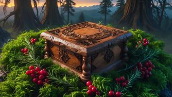 Ornate Wooden Box on Moss with Red Berries in Forest Setting photo