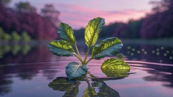 Plant Growing in Water Reflecting Sunset Sky and Surrounding Trees photo