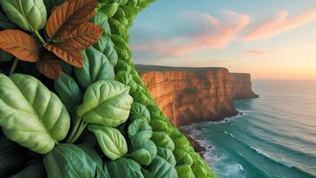 Juxtaposition of Fresh Greens and Dramatic Cliffs at Ocean Sunset photo