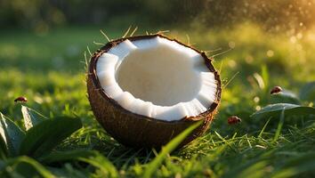 Halved Coconut on Green Grass with Ladybugs in Summer Sunlight photo