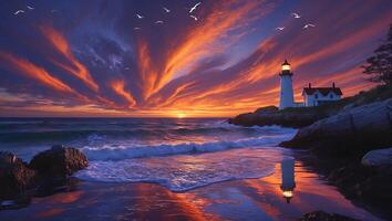 Lighthouse at Sunset with Colorful Sky and Ocean Wave Reflections photo
