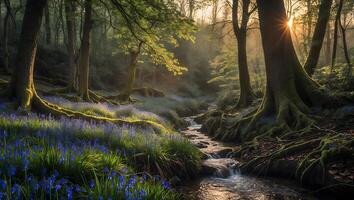 Flowing Stream Through Forest with Blue Flowers and Sunlight photo