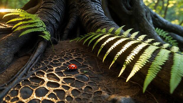 Ladybug Resting on Tree Roots with Ferns in Sunlight photo