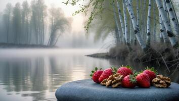 Strawberries and Walnuts on Stone by Calm Lake with Foggy Trees photo