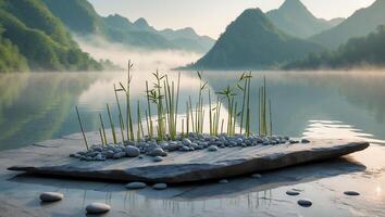 Calm Lake Scene with Green Bamboo and Pebbles on Stone Slab photo