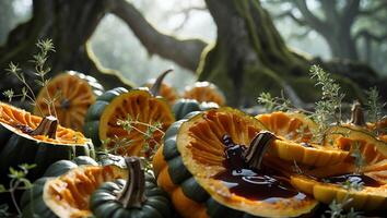Harvested Kabocha Squash Displayed in a Forest Setting with Herbs photo