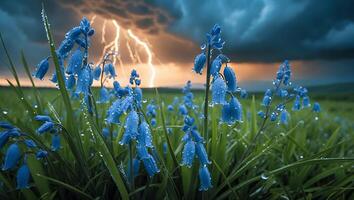 Bluebells in Meadow with Raindrops and Lightning in Dramatic Sky photo