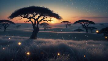 Savanna Trees Silhouette at Sunset with Glowing Grass and Starry Sky photo
