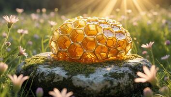 Honeycomb on Mossy Rock in Meadow Sunlight Nature Concept photo