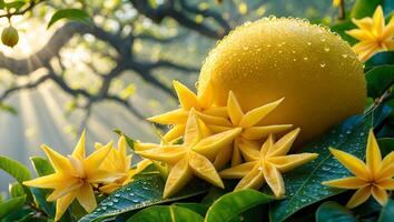 Pomelo Surrounded by Yellow Flowers and Leaves with Water Droplets photo