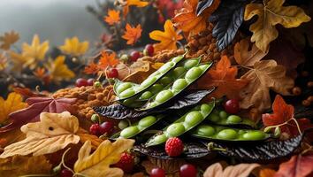 Display of Green Beans Among Autumn Leaves and Berries photo