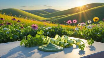 Preparing Fresh Cucumber Dish with Green Sauce in Spring Landscape photo