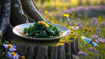 Spinach Salad with Nuts on Tree Stump in Flower Meadow photo