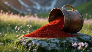 Pouring Spice From Ornate Metal Cup Onto Mossy Stone in Meadow photo