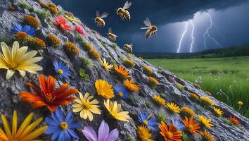 Flying Bees Near Flowers on Rocky Hill with Distant Lightning photo