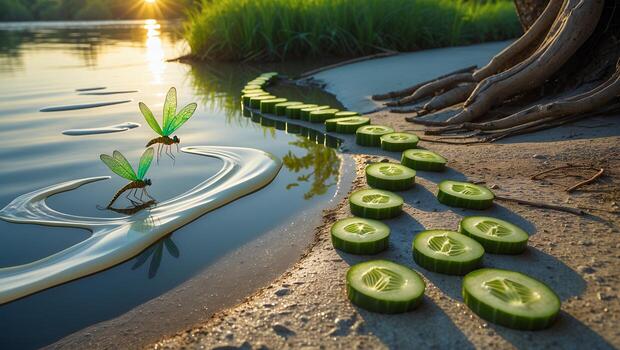 Dragonflies Near Water with Cucumber Slices Leading Towards Sunset photo
