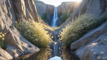 Waterfall Flowing Through Rocky Canyon with Wildflowers and Water Reflection photo