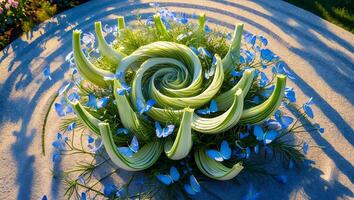 Creating Spiral Garden Arrangement with Flowers and Butterflies Outdoors photo