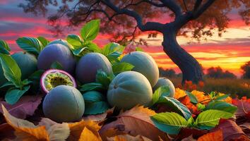 Fresh Fruits Displayed Amongst Autumn Leaves with Vivid Sunset Background photo
