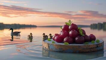 Heap of Berries with Ducks on Water at a Calm Sunset photo