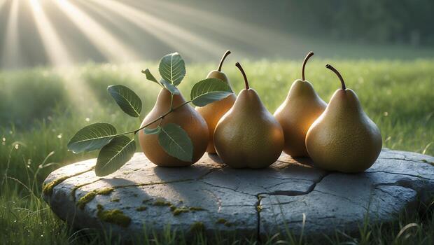 Pears Arranged on a Stone Slab with Sunlight Background photo