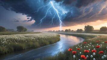Lightning Strikes Over Serene River Flowing Through Meadow with Wildflowers photo