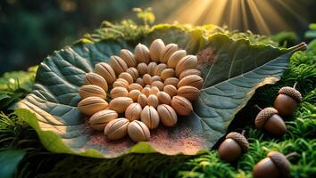 Arranging Acorns in a Spiral Pattern on a Green Leaf Outdoors photo
