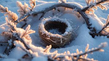 Bird Nest in Snow Winter Scene with Golden Hour Lighting photo