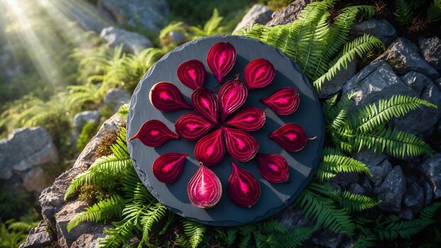 Sliced Beets Arranged on Stone Plate in Natural Outdoor Setting photo