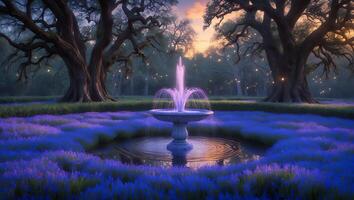 Flowing Fountain in Garden with Lavender Field and Evening Sky photo