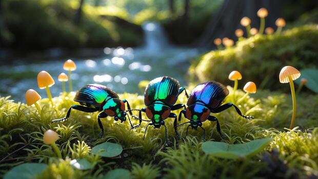 Iridescent Beetles Walking on Moss with Mushrooms Near Small Waterfall photo