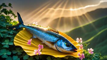 Fresh Fish Lying on Yellow Leaf with Flowers Against Mountain Backdrop photo