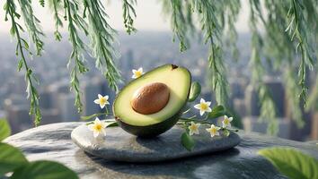 Avocado Half Resting with Small White Flowers on a Stone photo