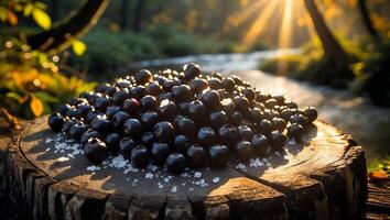 Pile of Berries on Wood Slice by Stream in Golden Sunlight photo