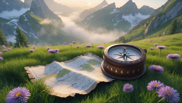 Navigating Adventure Antique Compass and Map in Serene Mountain Landscape photo