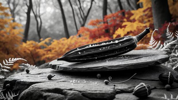 Okra Pod on Stone Slab in Autumn Forest Setting photo