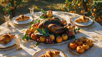 Roasted Turkey Dinner with Apples and Croissants Outside on Table photo