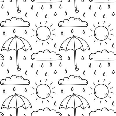 Cute seamless pattern with weather elements - sun, clouds, rain, umbrella. hand-drawn doodle illustration. Perfect for print, wallpaper, decorations.
