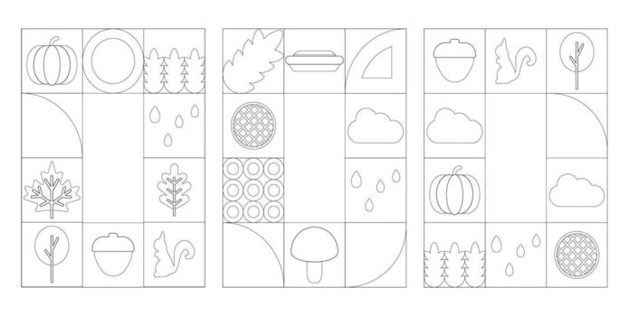 Outline autumn geometric poster with abstract pattern. Happy fall season sale design for coloring page. Pumpkin, pie, squirrel and mushroom decorative banner or invitation. Rain mosaic for notebook. vector
