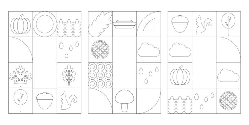 Outline autumn geometric poster with abstract pattern. Happy fall season sale design for coloring page. Pumpkin, pie, squirrel and mushroom decorative banner or invitation. Rain mosaic for notebook.