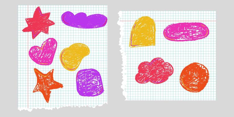 Cute hand drawn doodle crayon text box on torn grid paper . Highlight label in pink and red on jagged school sheet. Vibrant handdrawn chalk childish graphic and speech bubble for kindergarten.