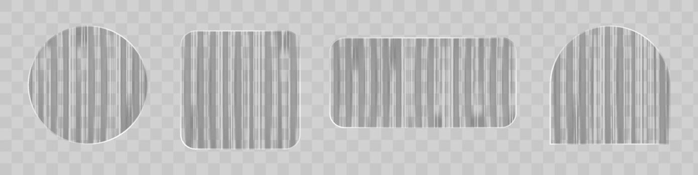 Ribbed glass effect with transparent pattern on shape. Corrugated plastic circle panel with 3d light reflection for overlay. Fluted stripe design with silver premium frost shine for frame or miror. vector