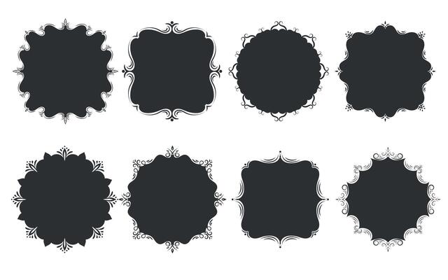 Set of black silhouette frames in various shapes. Rounded and square frames with decorative swirls for vintage design, invitations, labels, announcements.