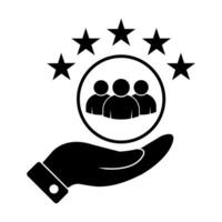 Premium quality customer service icon . People group with 5 stars over hand for graphic design, logo, web site, social media, mobile app, ui illustration vector